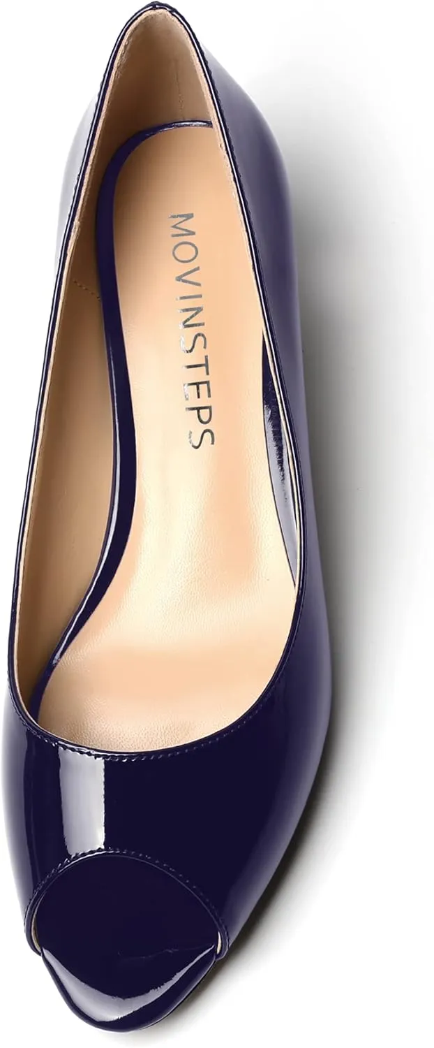 MOVINSTEPS Womens Dress Peep Toe Patent Open Toe Slip On Dating Kitten Low Heel Pumps Shoes 1.5 Inch