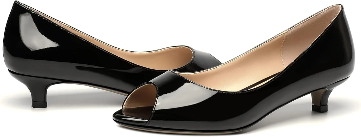 MOVINSTEPS Womens Dress Peep Toe Patent Open Toe Slip On Dating Kitten Low Heel Pumps Shoes 1.5 Inch