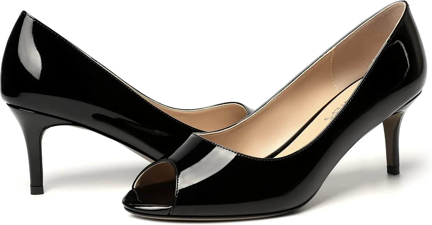 MOVINSTEPS Womens Peep Toe Dating Dress Patent Slip On Open Toe Stiletto Mid Heel Pumps Shoes 2.5 Inch