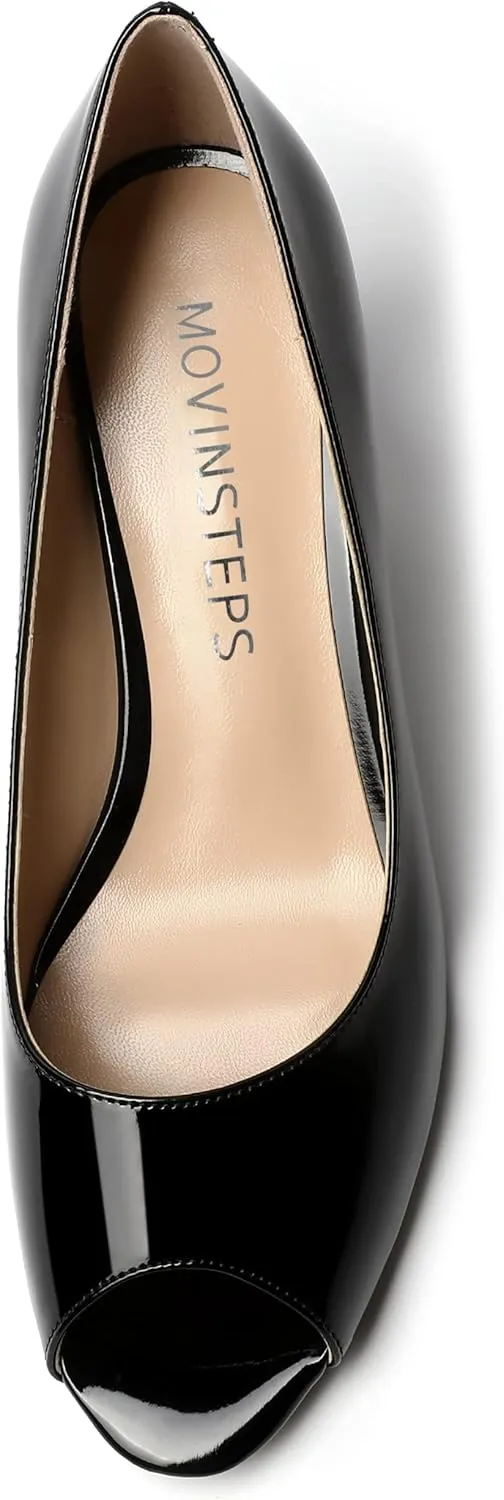 MOVINSTEPS Womens Peep Toe Dating Dress Patent Slip On Open Toe Stiletto Mid Heel Pumps Shoes 2.5 Inch