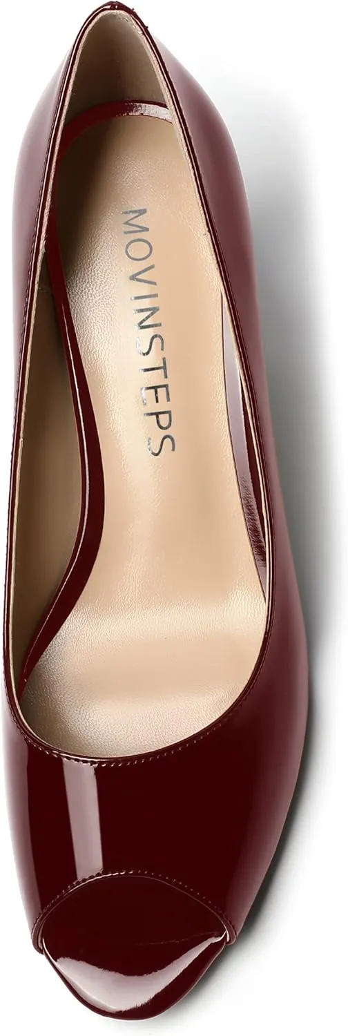 MOVINSTEPS Womens Peep Toe Dating Dress Patent Slip On Open Toe Stiletto Mid Heel Pumps Shoes 2.5 Inch