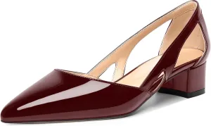 MOVINSTEPS Womens Pointed Toe Dress Slip On Patent Cut Out Work Chunky Low Heel Pumps Shoes 1.5 Inch