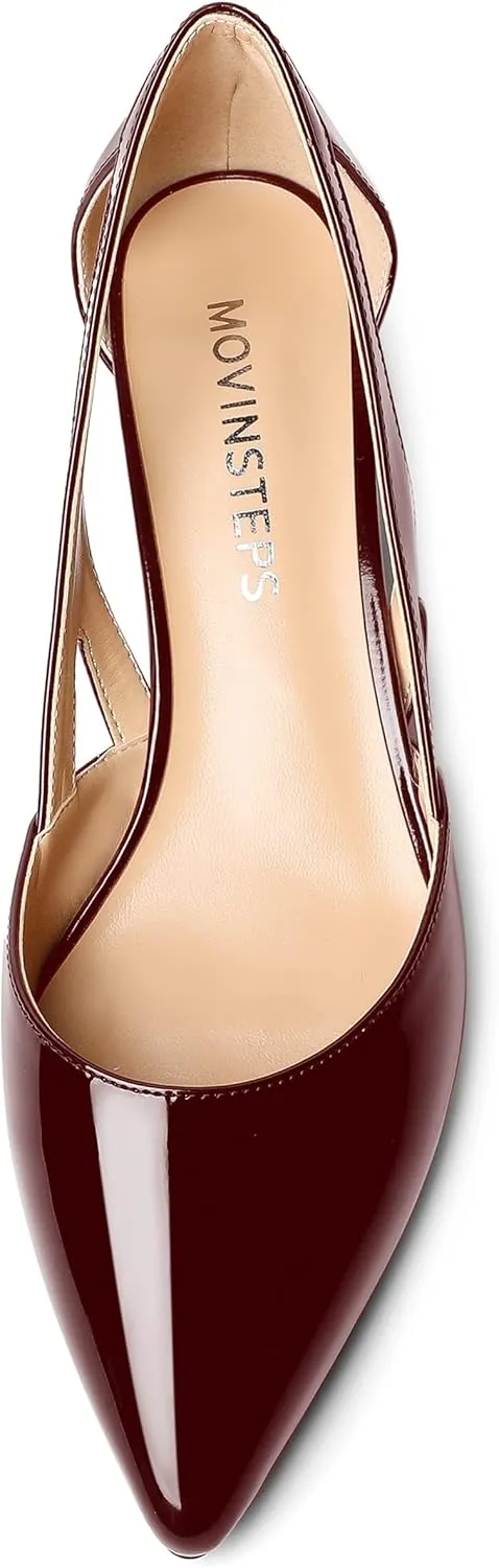 MOVINSTEPS Womens Pointed Toe Dress Slip On Patent Cut Out Work Chunky Low Heel Pumps Shoes 1.5 Inch