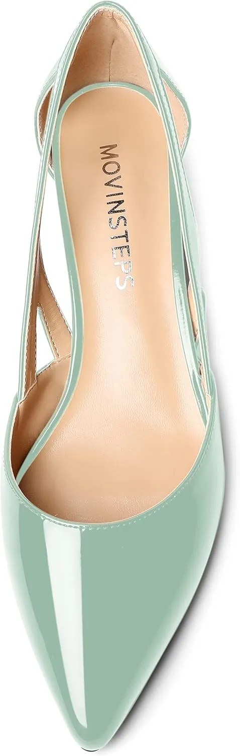 MOVINSTEPS Womens Pointed Toe Dress Slip On Patent Cut Out Work Chunky Low Heel Pumps Shoes 1.5 Inch