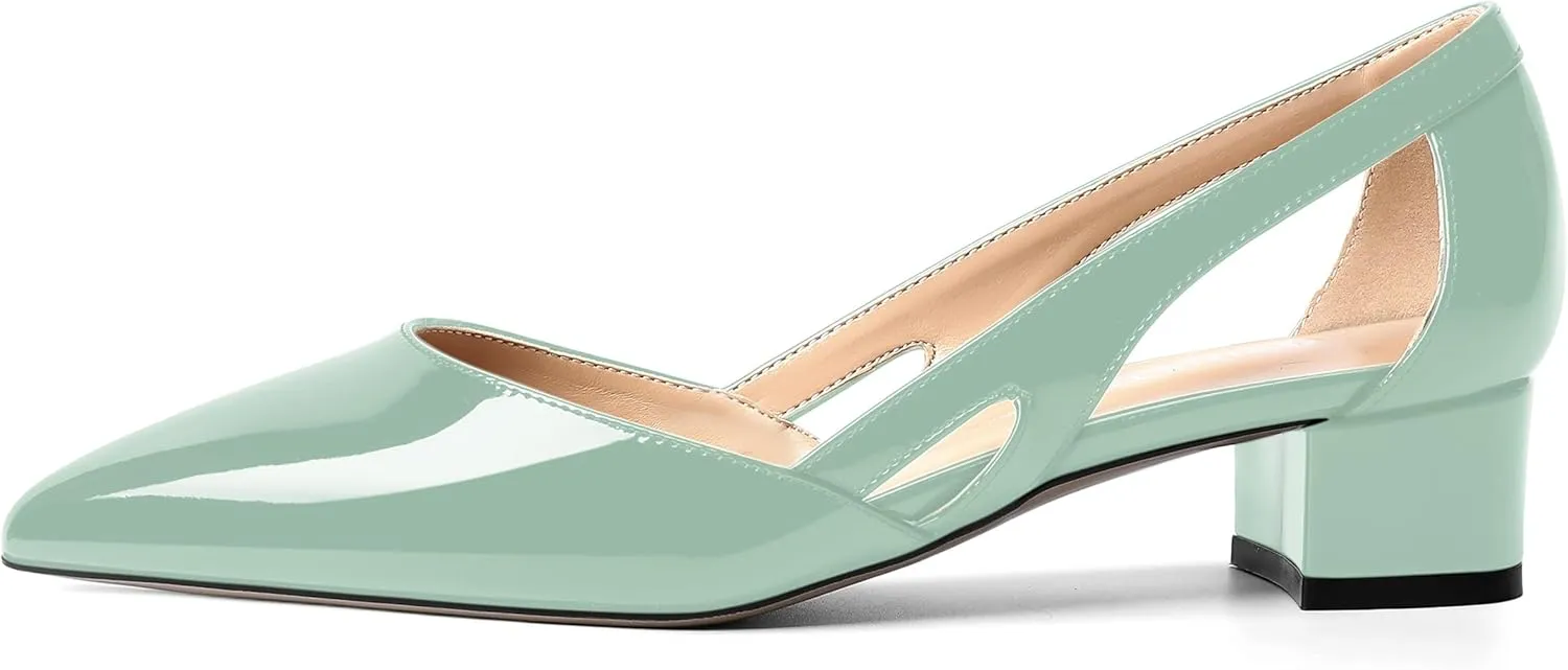MOVINSTEPS Womens Pointed Toe Dress Slip On Patent Cut Out Work Chunky Low Heel Pumps Shoes 1.5 Inch