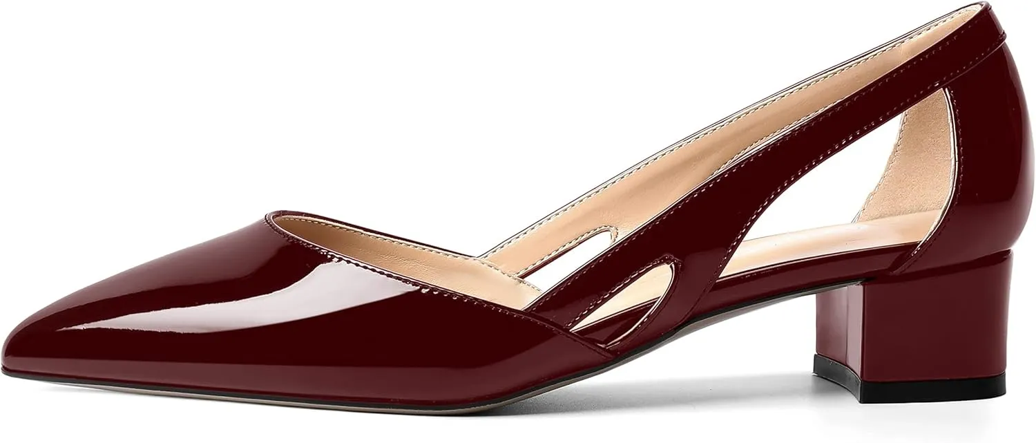 MOVINSTEPS Womens Pointed Toe Dress Slip On Patent Cut Out Work Chunky Low Heel Pumps Shoes 1.5 Inch
