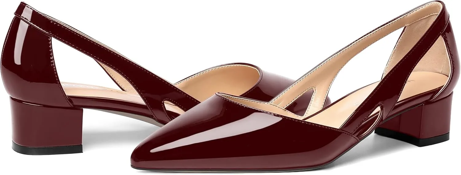 MOVINSTEPS Womens Pointed Toe Dress Slip On Patent Cut Out Work Chunky Low Heel Pumps Shoes 1.5 Inch