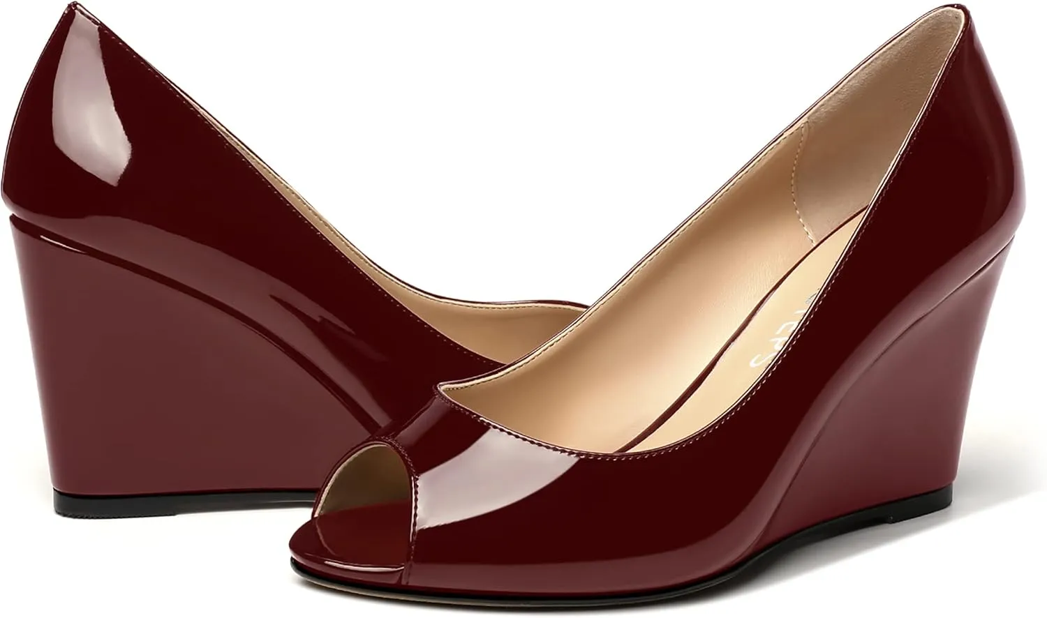 MOVINSTEPS Womens Slip On Work Patent Peep Toe Fashion Wedge High Heel Pumps Shoes 3.3 Inch