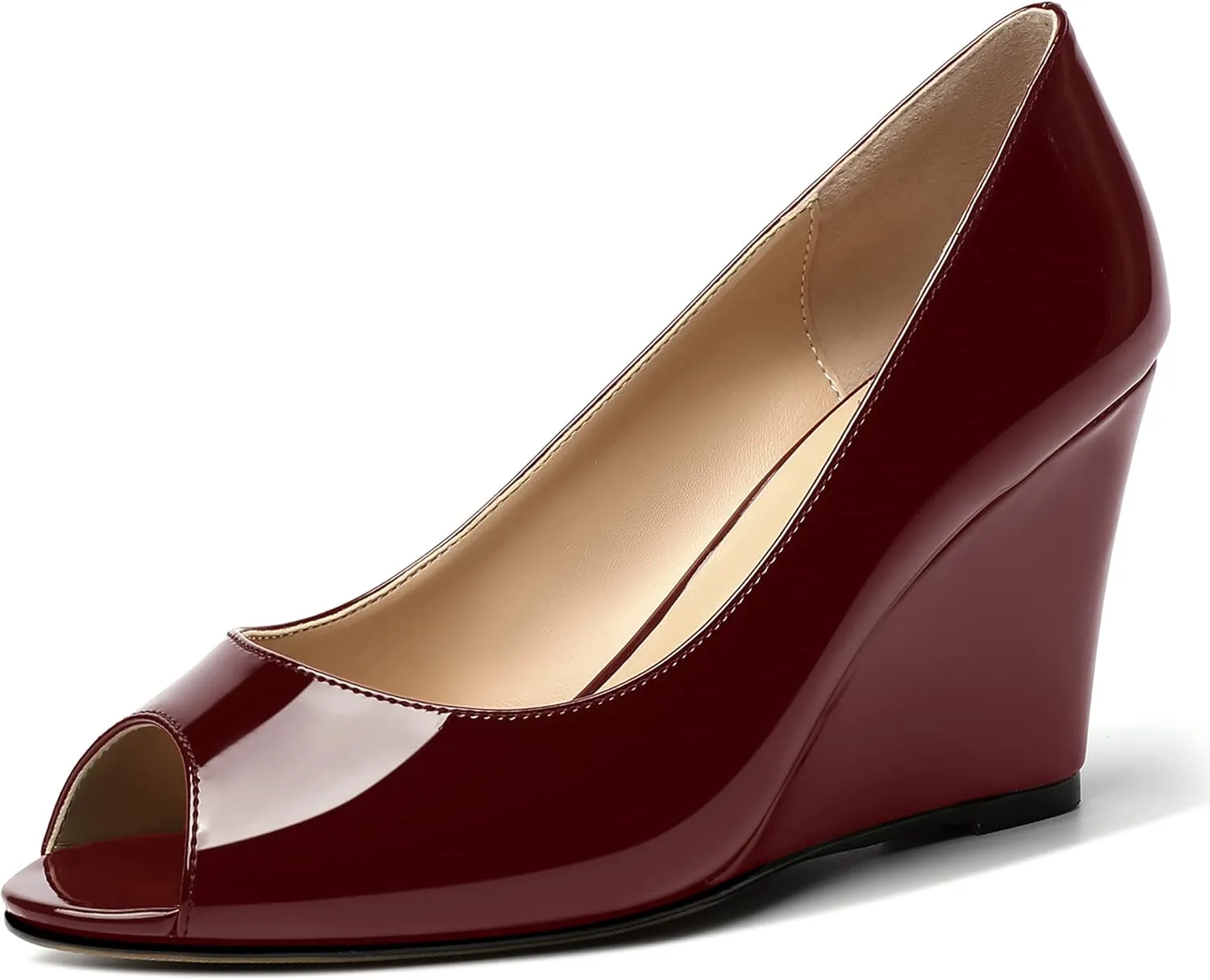 MOVINSTEPS Womens Slip On Work Patent Peep Toe Fashion Wedge High Heel Pumps Shoes 3.3 Inch