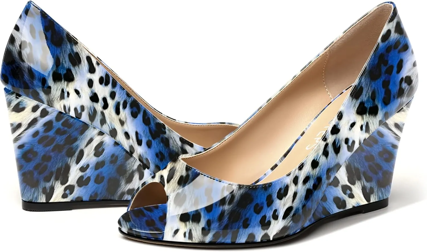 MOVINSTEPS Womens Slip On Work Patent Peep Toe Fashion Wedge High Heel Pumps Shoes 3.3 Inch