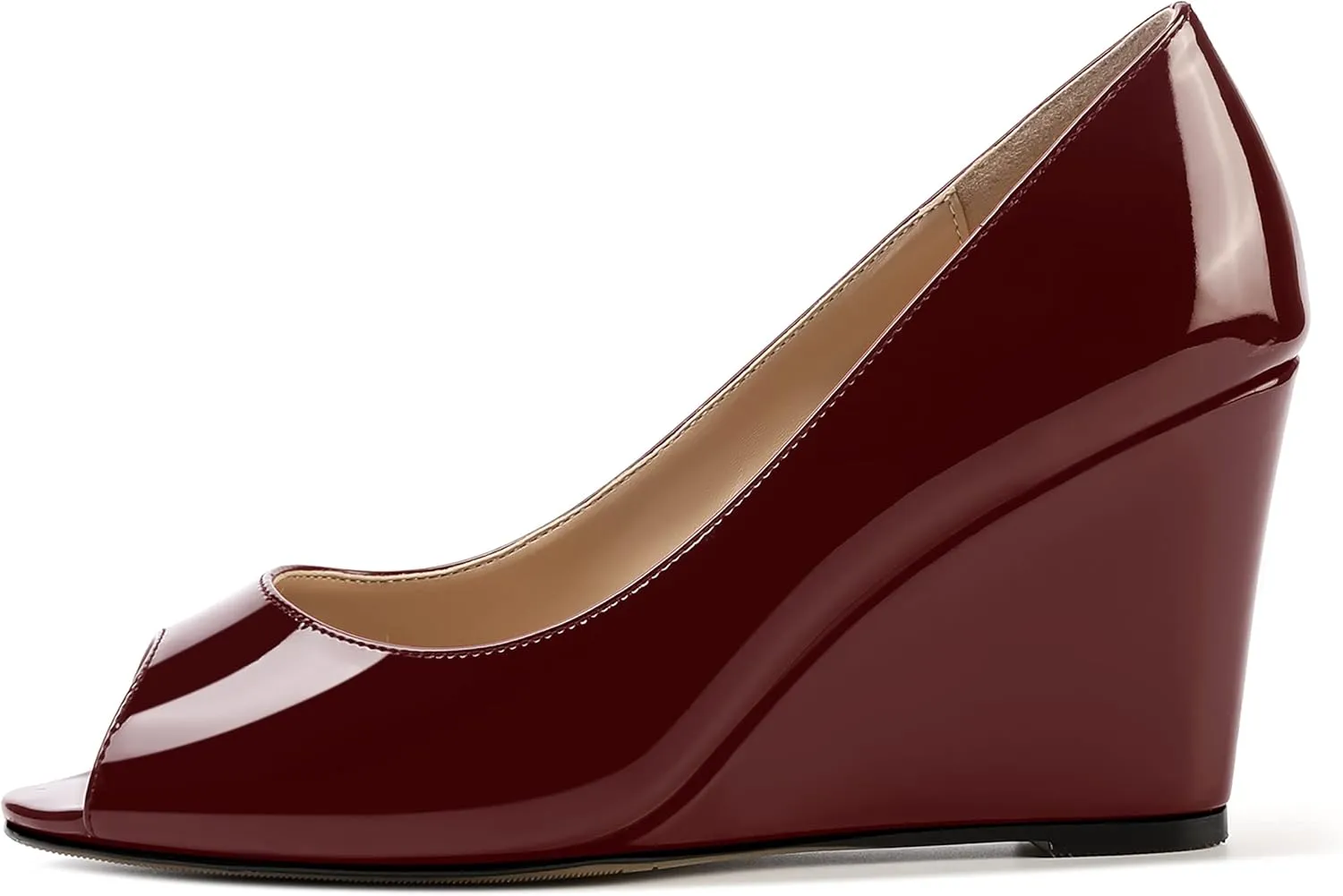 MOVINSTEPS Womens Slip On Work Patent Peep Toe Fashion Wedge High Heel Pumps Shoes 3.3 Inch