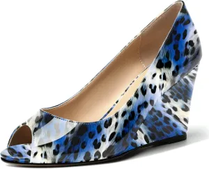 MOVINSTEPS Womens Slip On Work Patent Peep Toe Fashion Wedge High Heel Pumps Shoes 3.3 Inch
