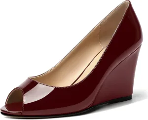 MOVINSTEPS Womens Slip On Work Patent Peep Toe Fashion Wedge High Heel Pumps Shoes 3.3 Inch