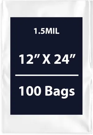 Multiple Sizes Clear Flat Poly Bags, 1.5Mil 12" X 24" & 100 Bags | Low-Density Polyethylene (LDPE), Flat Open Top Plastic Packaging Packing | Flexible and Durable Plastic Bags