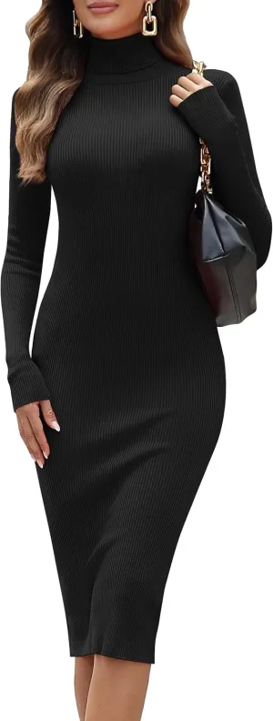 ninovino Women's Turtleneck Ribbed Knit Long Sleeve Slim Fit Sweater Dress