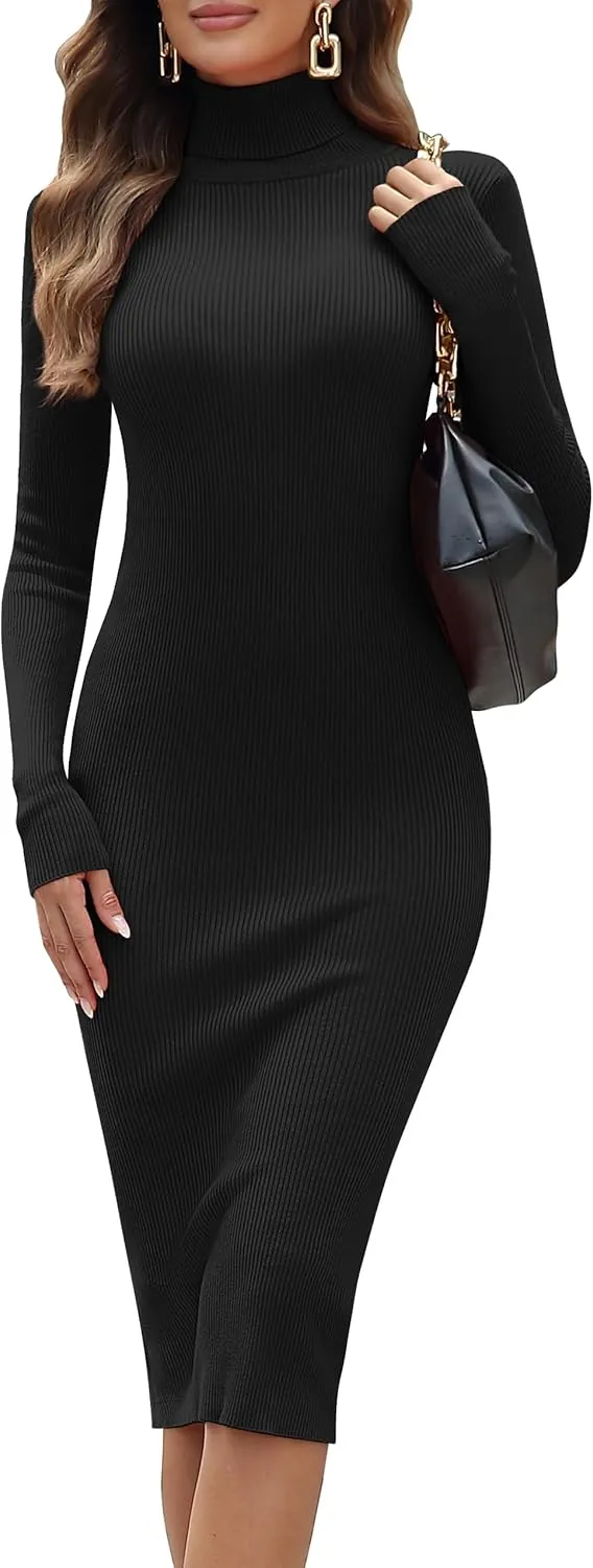 ninovino Women's Turtleneck Ribbed Knit Long Sleeve Slim Fit Sweater Dress
