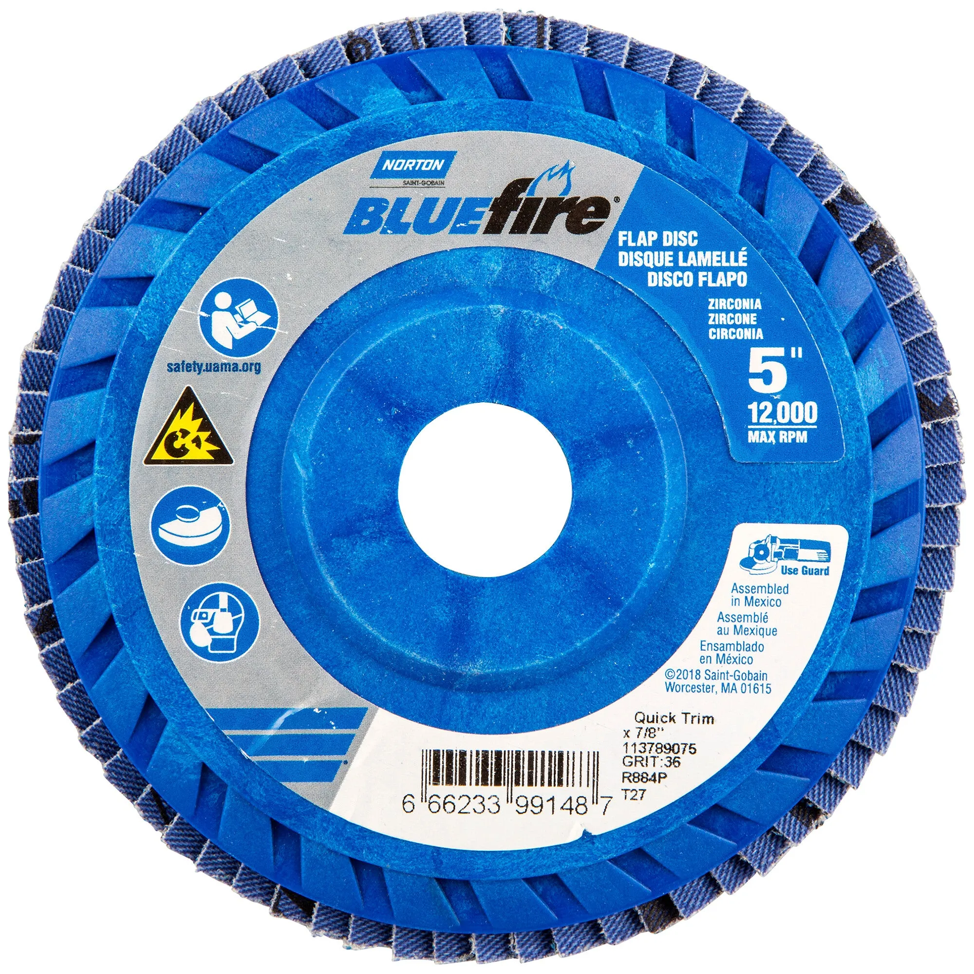 Norton 5 x 7/8 In. BlueFire Plastic Flat Flap Disc T27 P36 Grit R884P ZA 10 Count