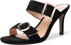 NUMALEO Womens Evening Sexy Round Toe Slip On Two Strap Buckle Suede Stiletto High Heel Heeled Sandals 3.3 Inch