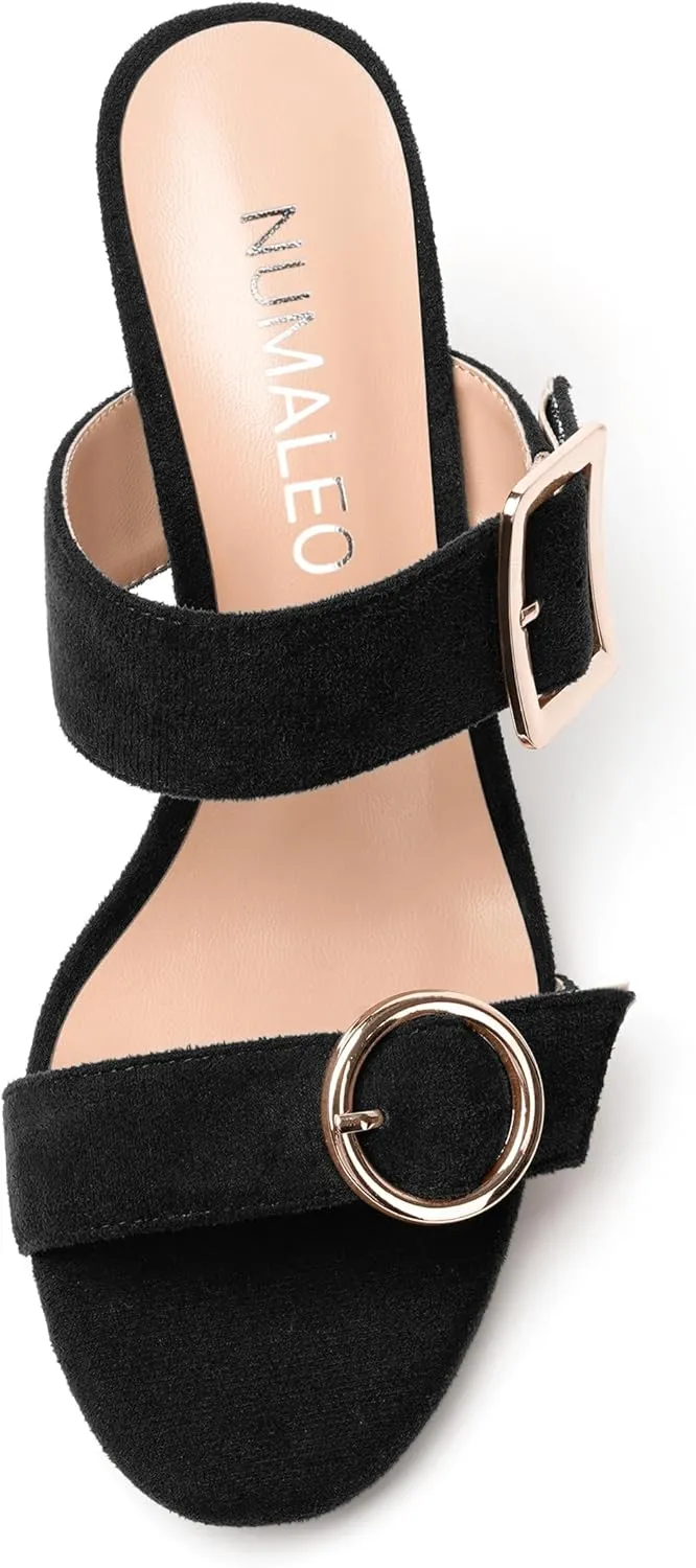 NUMALEO Womens Evening Sexy Round Toe Slip On Two Strap Buckle Suede Stiletto High Heel Heeled Sandals 3.3 Inch