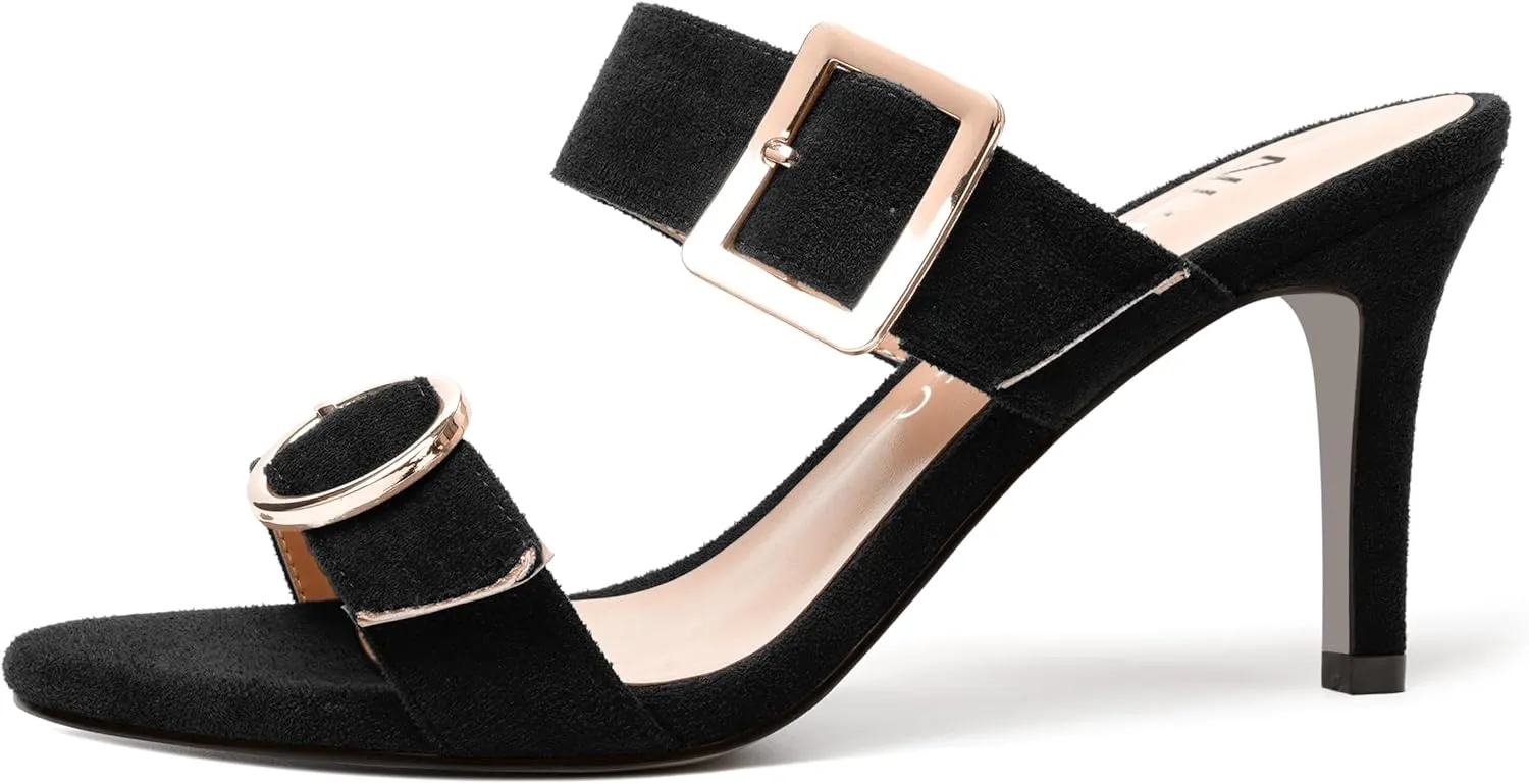 NUMALEO Womens Evening Sexy Round Toe Slip On Two Strap Buckle Suede Stiletto High Heel Heeled Sandals 3.3 Inch
