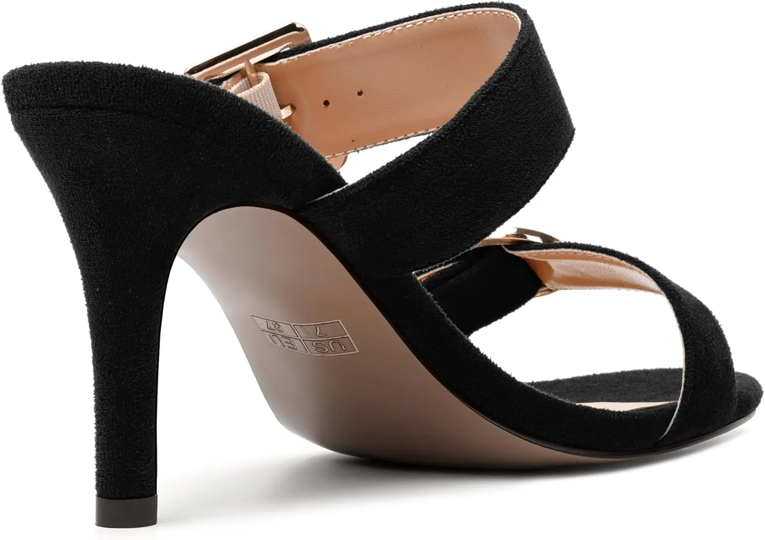 NUMALEO Womens Evening Sexy Round Toe Slip On Two Strap Buckle Suede Stiletto High Heel Heeled Sandals 3.3 Inch