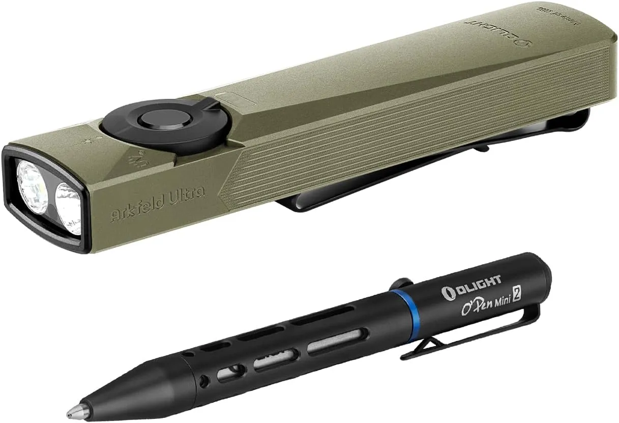OLIGHT Arkfeld Ultra Cool White 1400 Lumens Flat Flashlight, Rechargeable Compact Pocket Light Bundle with O'Pen Mini 2 Ballpoint Pen
