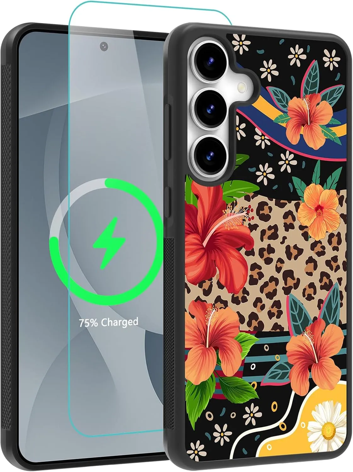 OOK Magnetic for Samsung Galaxy S25 Case Leopard and Flower Splicing Design [Compatible with MagSafe] Hard PC Soft TPU Bumper Anti-Slip Ultra Thin Case, Brown