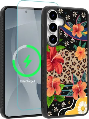 OOK Magnetic for Samsung Galaxy S25 Case Leopard and Flower Splicing Design [Compatible with MagSafe] Hard PC Soft TPU Bumper Anti-Slip Ultra Thin Case, Brown