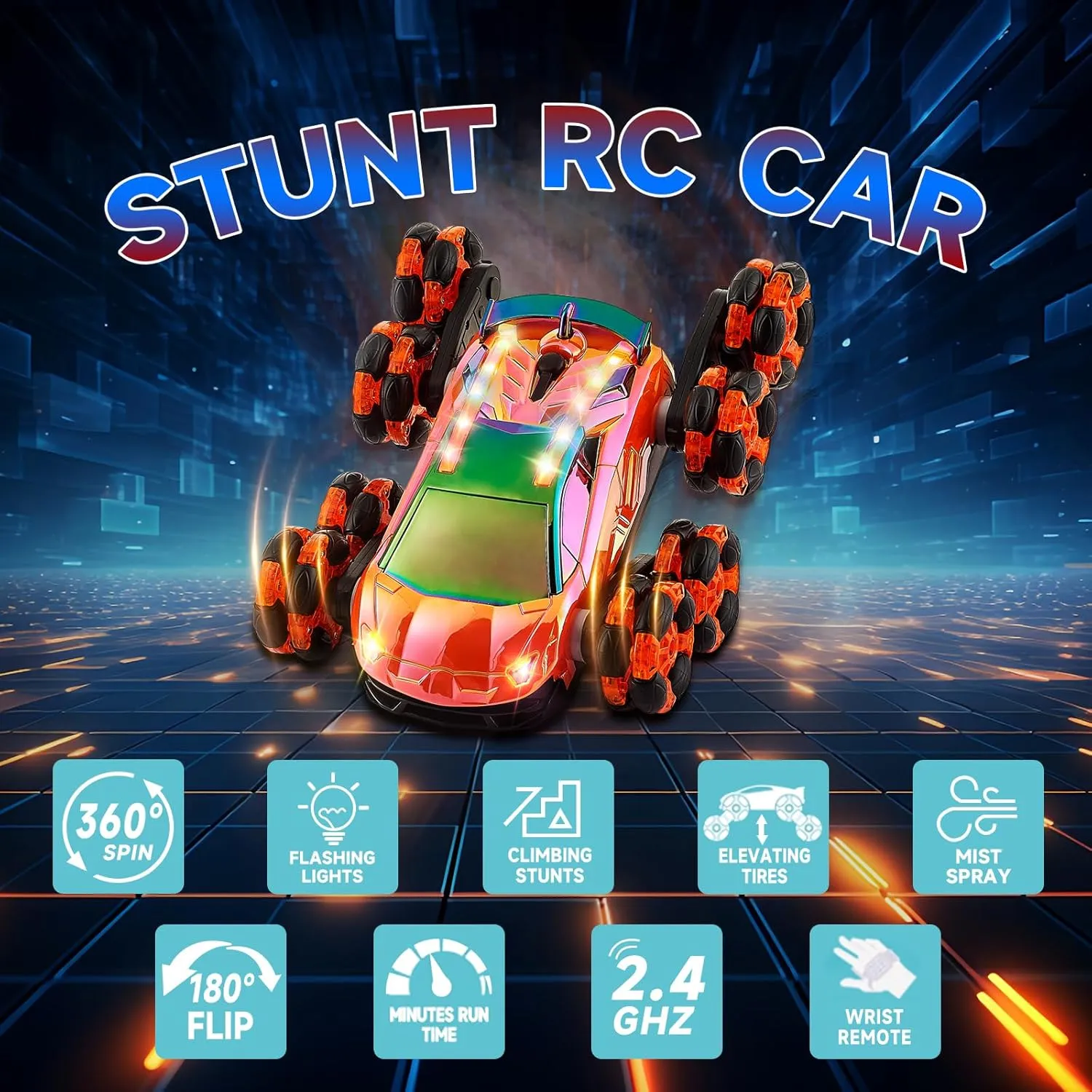 Orange 8-Wheel Stunt RC Drift Car - Gesture Sensing, 2 x 1200mAh Battery, 90 Min Play Time - Boys Age 8-12
