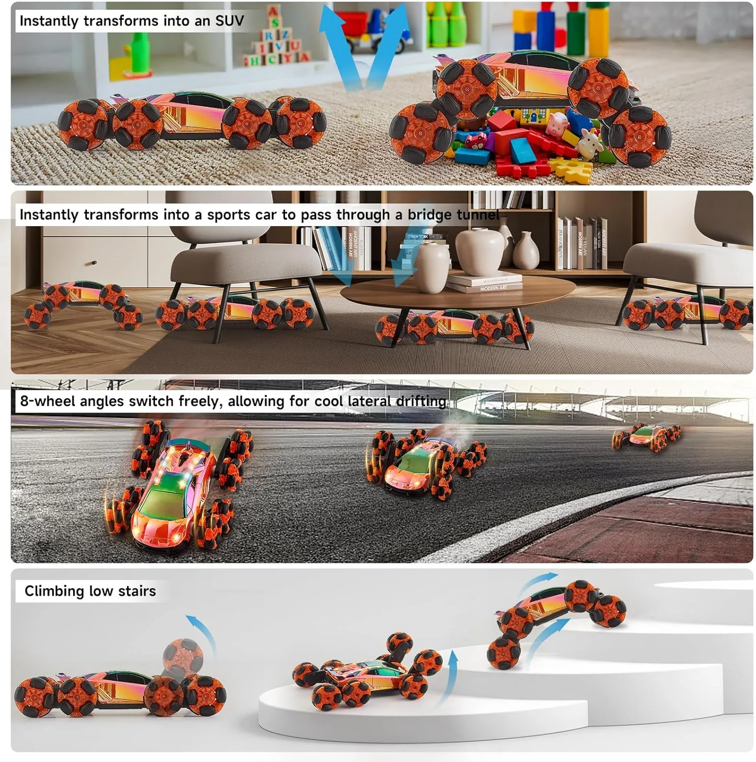 Orange 8-Wheel Stunt RC Drift Car - Gesture Sensing, 2 x 1200mAh Battery, 90 Min Play Time - Boys Age 8-12