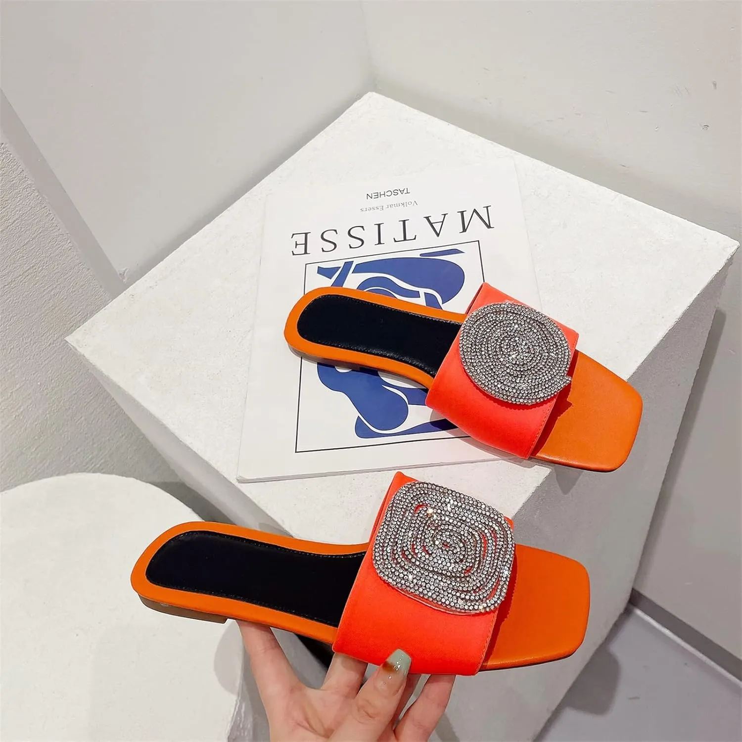 ORNVEION Women’s Bling Rhinestone Square Flat Sandals,Crystal Satin Glitter Mules Slippers Boho Open Toe Slip-on Beach Sandals