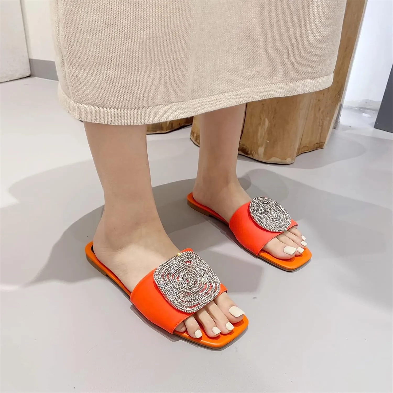 ORNVEION Women’s Bling Rhinestone Square Flat Sandals,Crystal Satin Glitter Mules Slippers Boho Open Toe Slip-on Beach Sandals