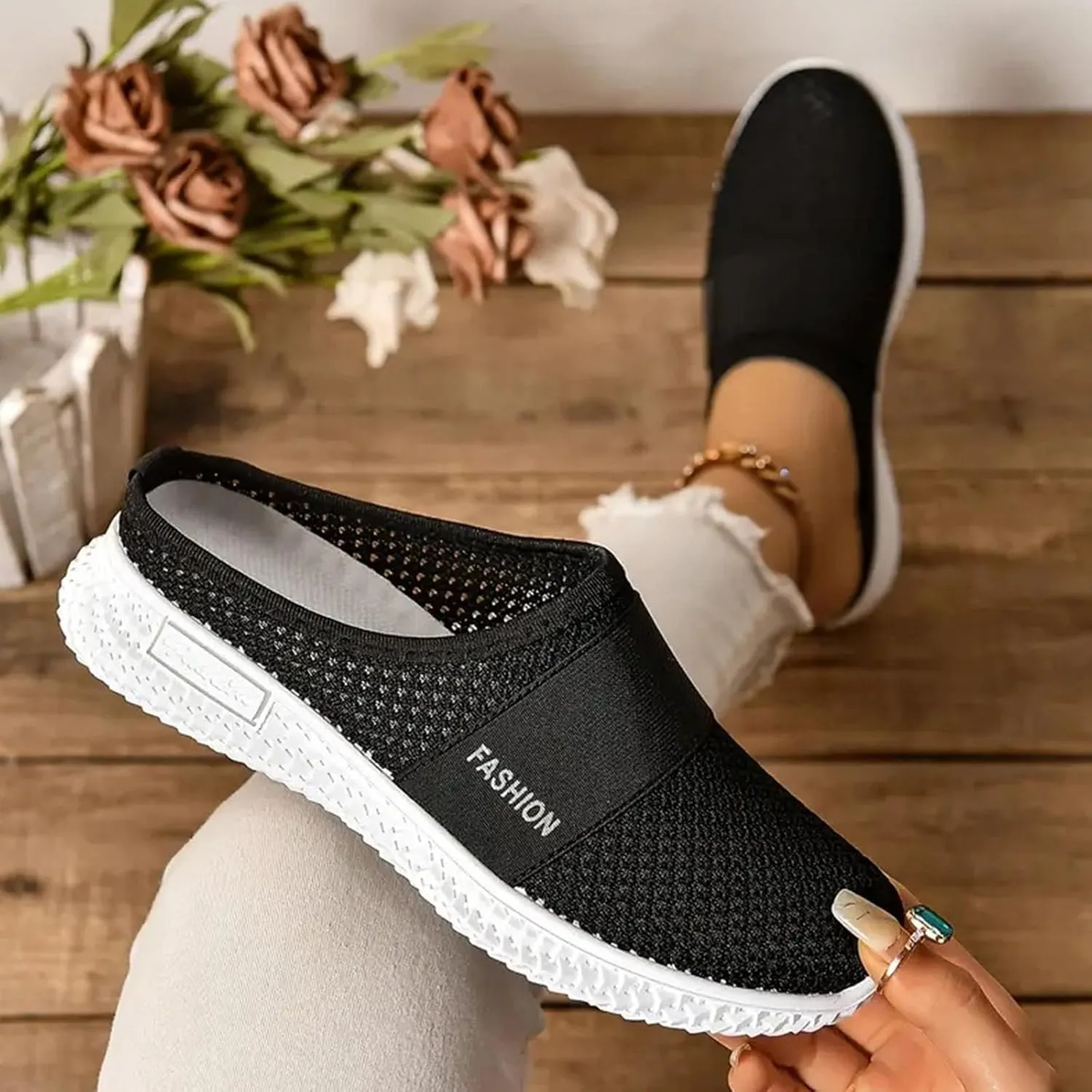 Orthopedic Loafers for Women Summer Breathable Mesh Hollow Out Closed Toe Open Back Slip On Walking Shoes Casual Lightweight Soft Soles Slippers with Arch Support