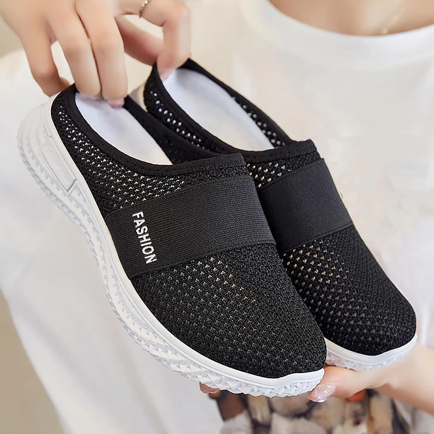 Orthopedic Loafers for Women Summer Breathable Mesh Hollow Out Closed Toe Open Back Slip On Walking Shoes Casual Lightweight Soft Soles Slippers with Arch Support