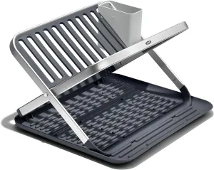 OXO Good Grips Aluminum Fold Flat Dish Drying Rack, 2-Tier, with Drainboard, for Kitchen Counter, Collapsible