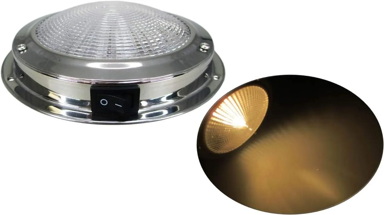 Pactrade Marine Dome Light 12V - 4-Inch Lens, Warm White Incandescent | Stainless Steel Boat Light with Built-In Rocker Switch, Surface Mount | RV, Trailer, Boat Interior Lights, Marine Lights