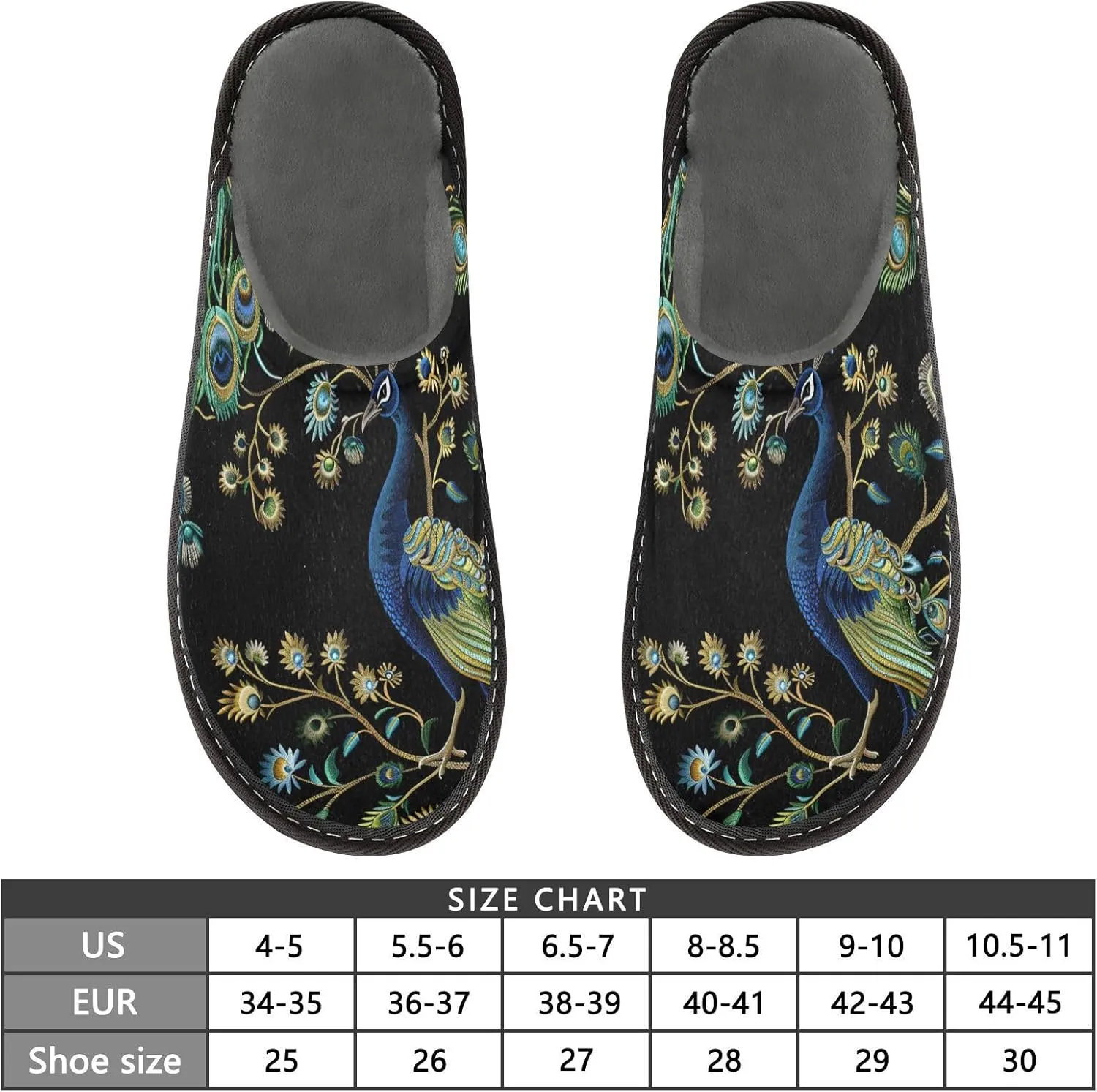 Peacock Black House Slippers for Women Men Non-Slip Slip On Slippers