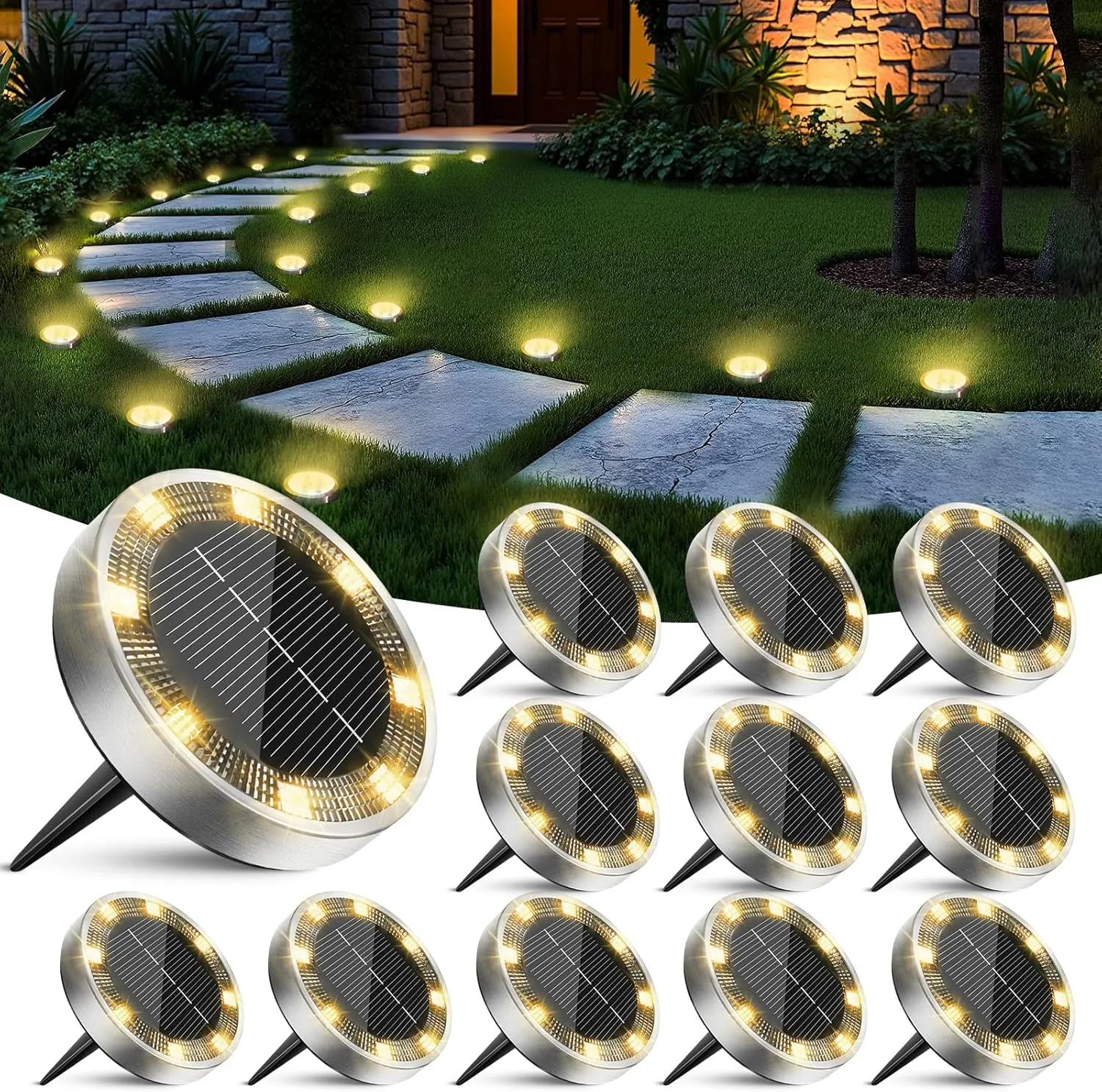 Peasur Mini Solar Ground Lights Outdoor, 12 Pack Flat Solar Powered Disc Lights, IP68 Waterproof, Anti-Rust, Landscape Lighting for Pathway Garden Yard Lawn Walkway Landscape Driveway, Warm White