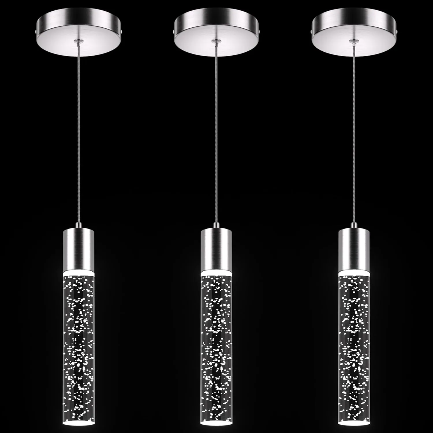 Pendant Lights Kitchen Island 3 Pack, 6500K Modern Kitchen Island Lights Ceiling Lighting Fixtures with Crystal Bubble, Integrated LED Cold White Hanging Light Dining Room Light