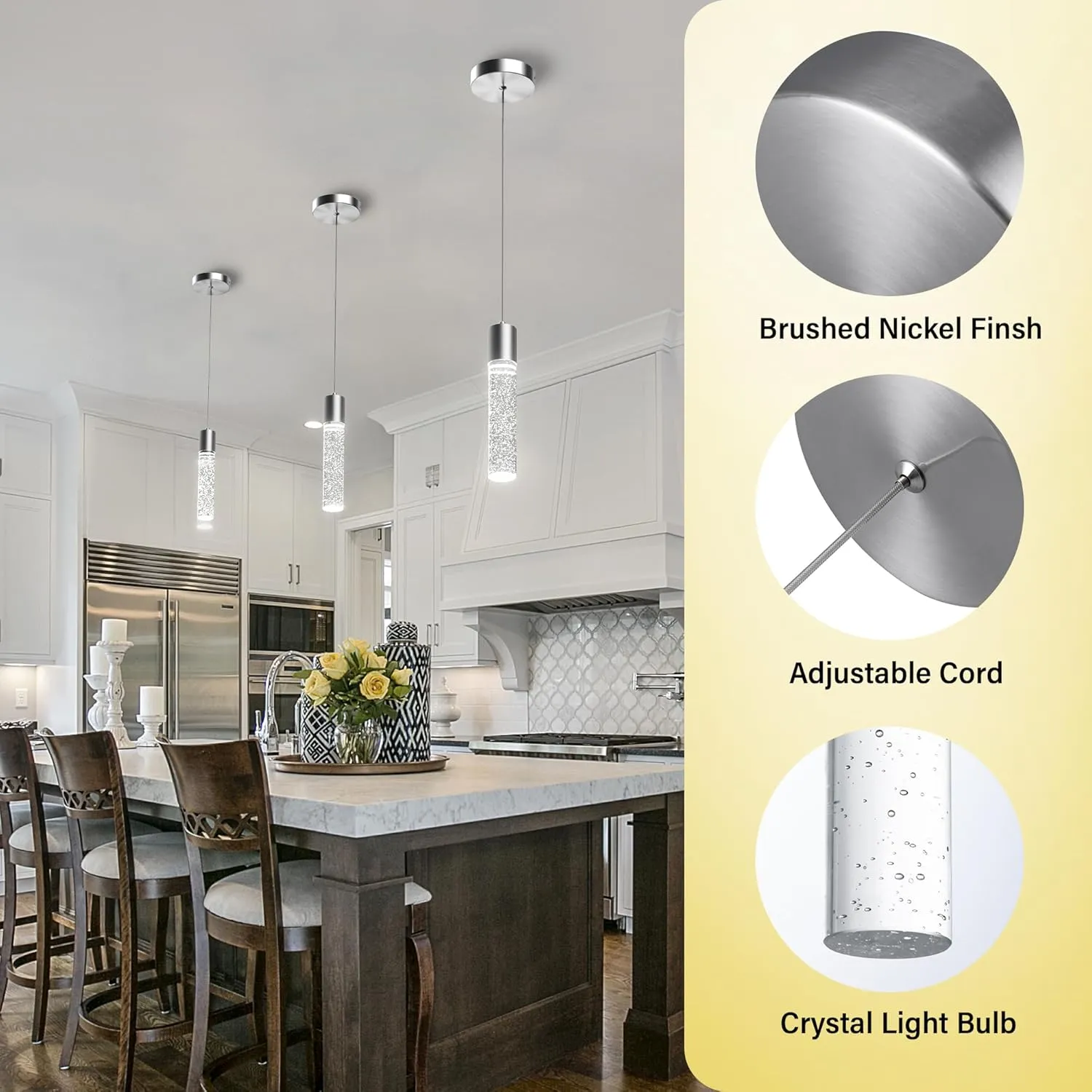 Pendant Lights Kitchen Island 3 Pack, 6500K Modern Kitchen Island Lights Ceiling Lighting Fixtures with Crystal Bubble, Integrated LED Cold White Hanging Light Dining Room Light