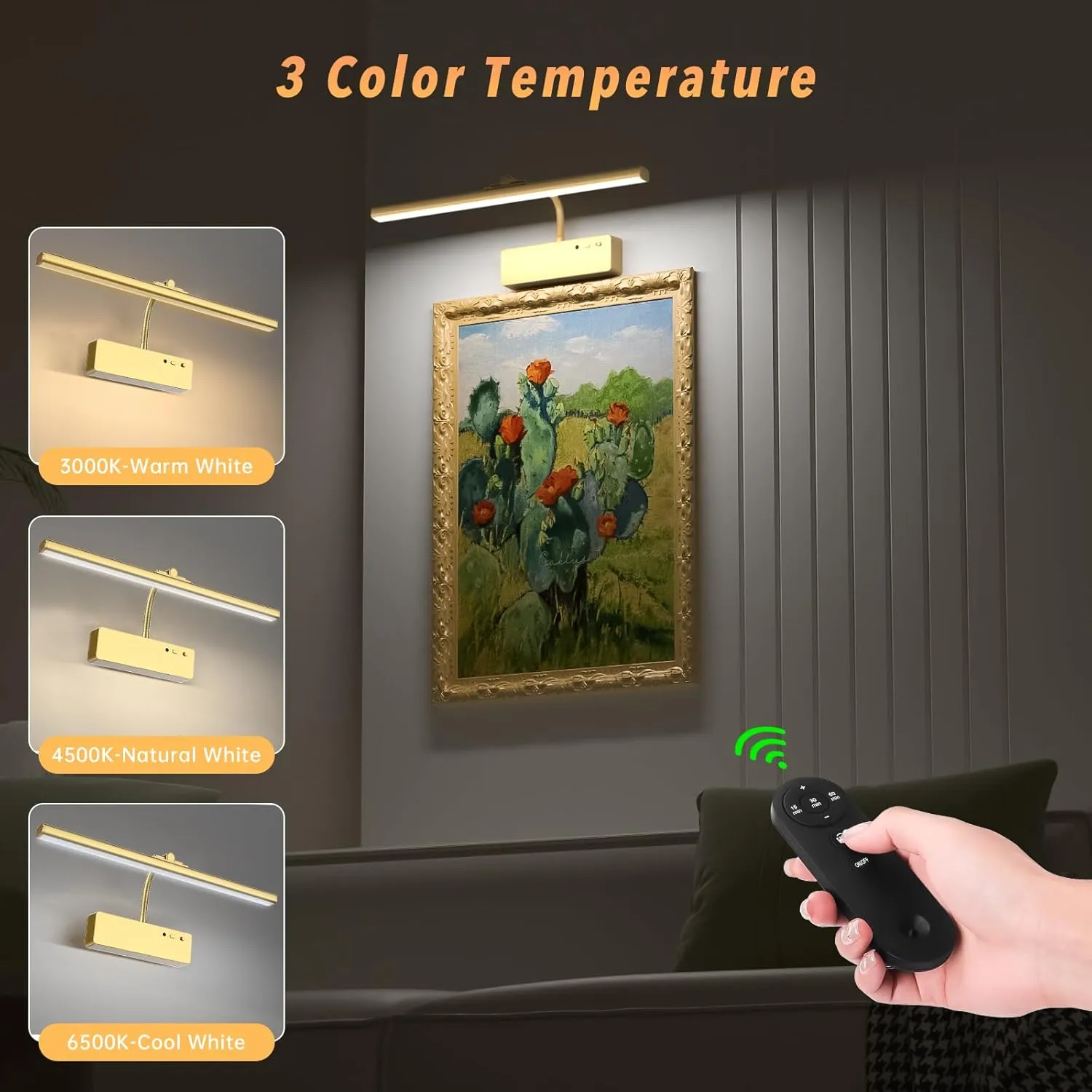 Picture Light with Remote, 15.35inch Wireless Rechargeable Battery Wall Light for Paintings, 3 Colors Paintings Light Dimmable and Timer Metal Art Light for Display, Wall, Artwork, Gallery (Gold)