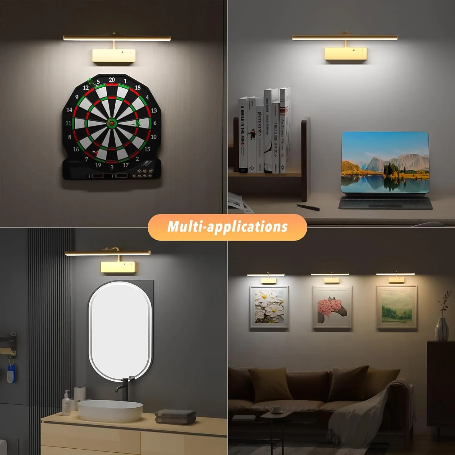 Picture Light with Remote, 15.35inch Wireless Rechargeable Battery Wall Light for Paintings, 3 Colors Paintings Light Dimmable and Timer Metal Art Light for Display, Wall, Artwork, Gallery (Gold)