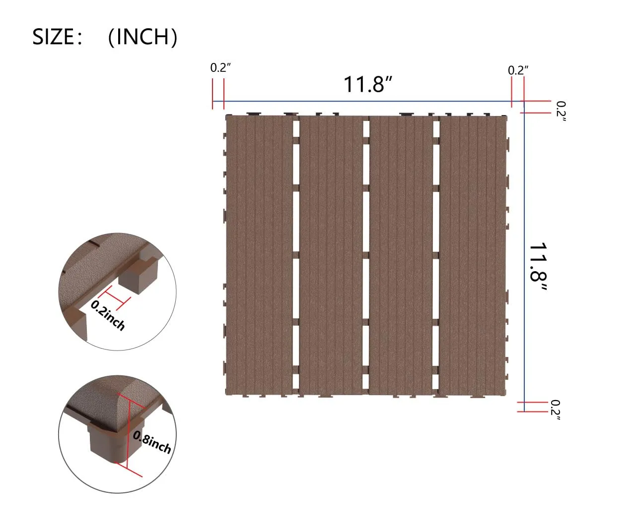 Pinstripe Pattern Plastic Interlocking Deck Tiles,44 Pack Patio Deck Tiles,12"x12" Square Waterproof Outdoor All Weather Use, Patio Decking Tiles for Poolside Balcony Backyard,Brown