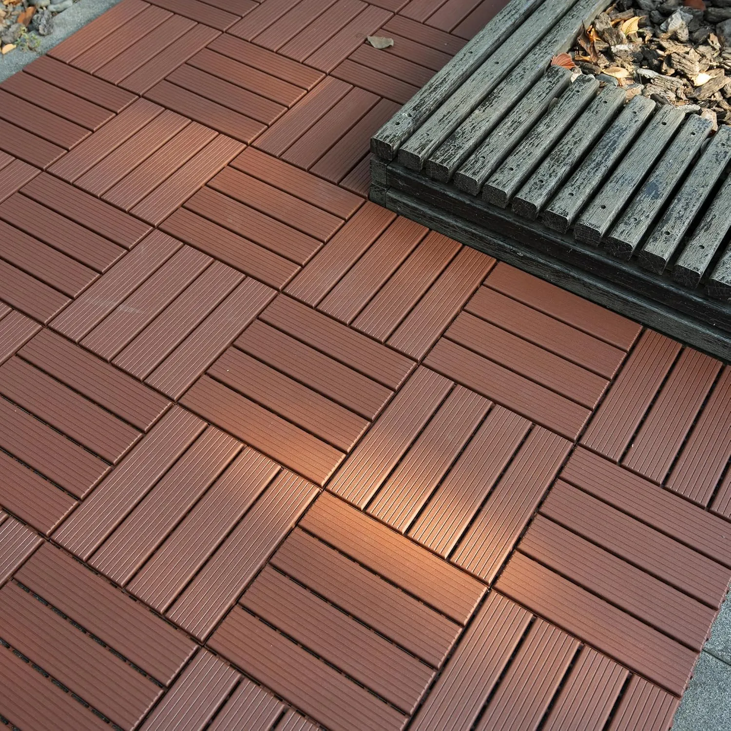 Pinstripe Pattern Plastic Interlocking Deck Tiles,44 Pack Patio Deck Tiles,12"x12" Square Waterproof Outdoor All Weather Use, Patio Decking Tiles for Poolside Balcony Backyard,Brown