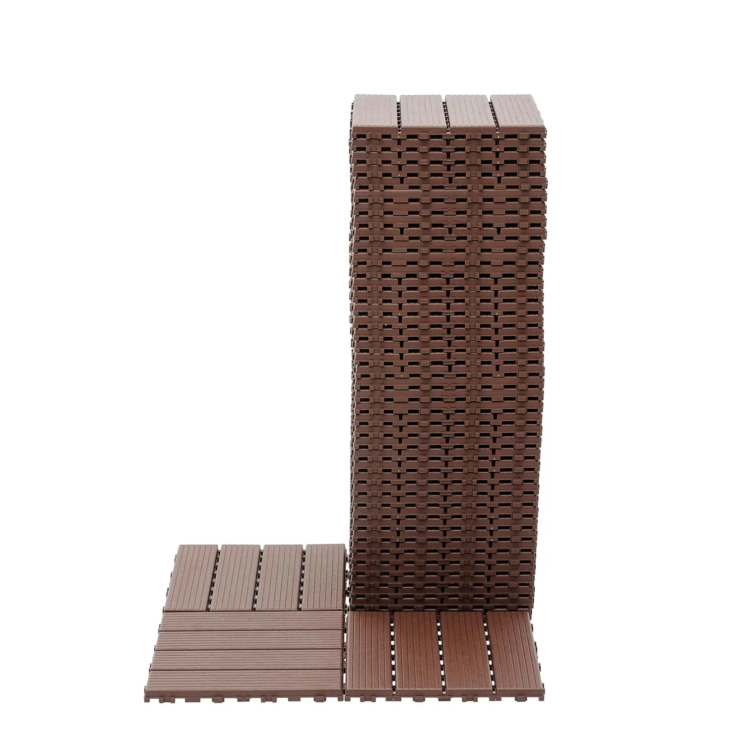 Pinstripe Pattern Plastic Interlocking Deck Tiles,44 Pack Patio Deck Tiles,12"x12" Square Waterproof Outdoor All Weather Use, Patio Decking Tiles for Poolside Balcony Backyard,Brown