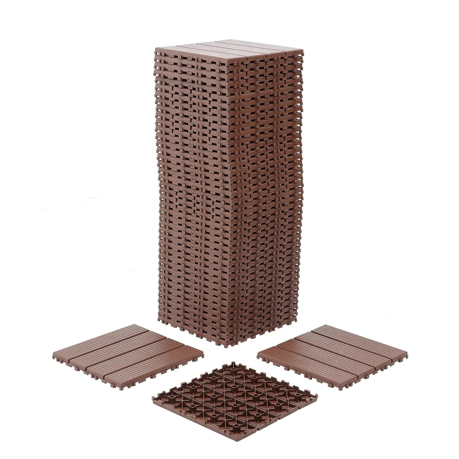 Pinstripe Pattern Plastic Interlocking Deck Tiles,44 Pack Patio Deck Tiles,12"x12" Square Waterproof Outdoor All Weather Use, Patio Decking Tiles for Poolside Balcony Backyard,Brown