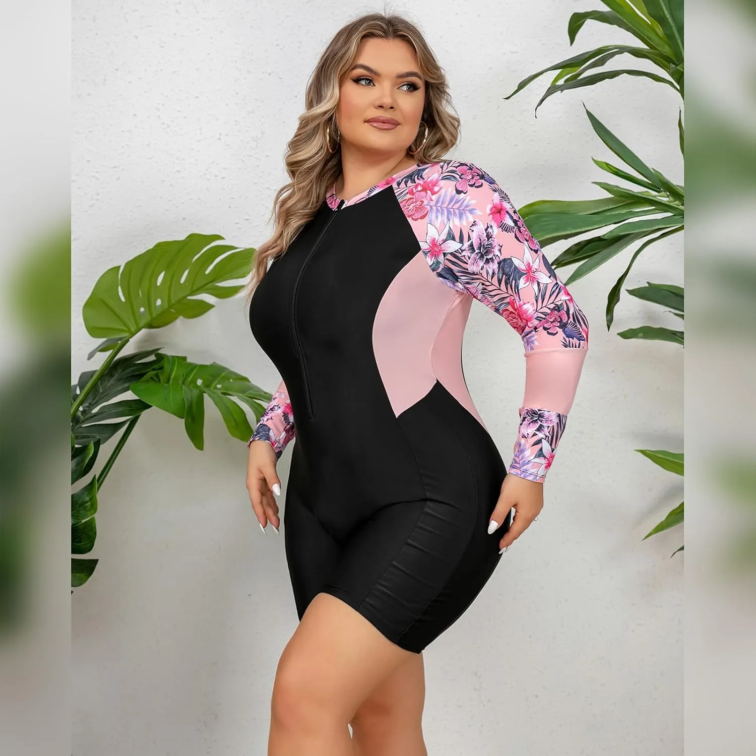 Plus Size Rash Guard for Women Zip Up High Stretchy Long Sleeve One Piece Sun Protection Swimsuits Bathing Suit