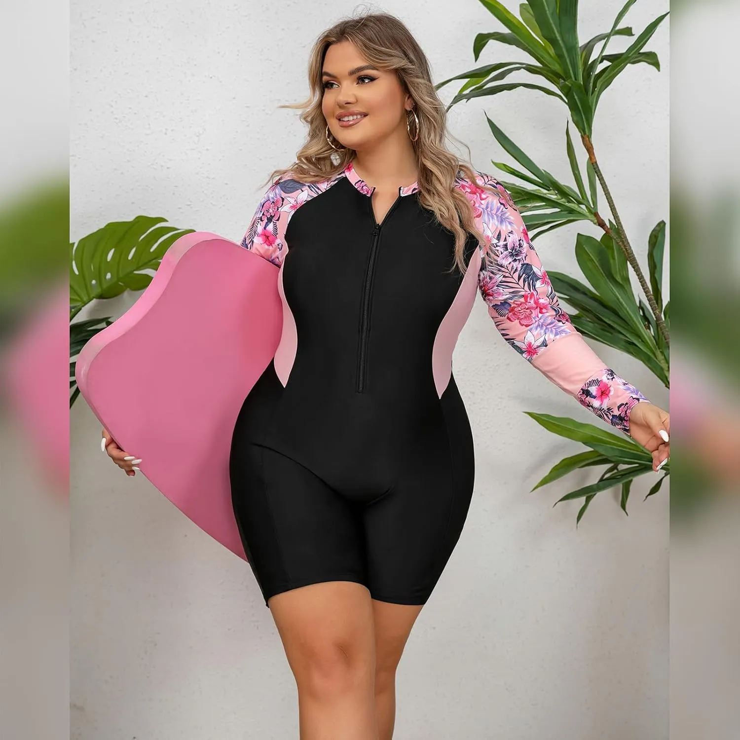 Plus Size Rash Guard for Women Zip Up High Stretchy Long Sleeve One Piece Sun Protection Swimsuits Bathing Suit