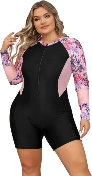 Plus Size Rash Guard for Women Zip Up High Stretchy Long Sleeve One Piece Sun Protection Swimsuits Bathing Suit