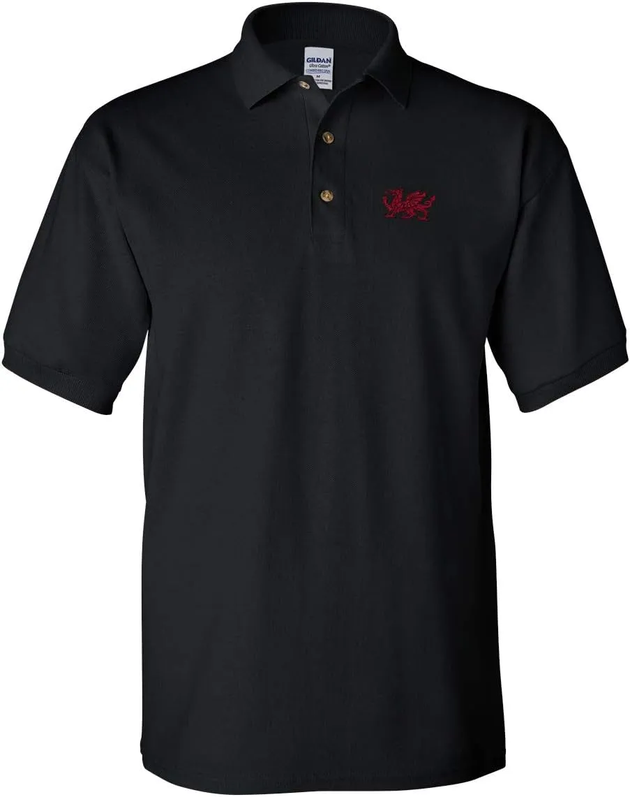 Polo Shirt Wales Flag Dragon Seal Embroidery Country Cotton Golf Shirt for Men - Black, X Large Design Only